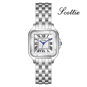 Elegante orologio quadrato da donna in argento con numeri romani e cinturino in acciaio
