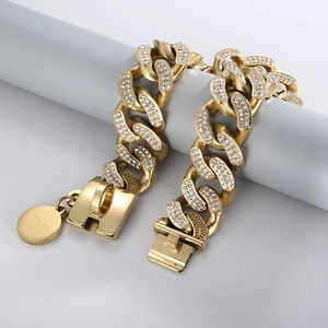 Close-up of 18K gold plated dog collar with micro-pave zircons and 316L logo detail