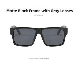 Detail of matte black square frame sunglasses with grey polarized lenses and wood texture