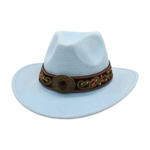 Close-up of light blue western felt hat featuring ethnic embroidered band and jewel buckle