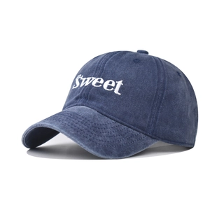 Vintage washed navy blue cotton baseball cap with Sweet embroidery and curved brim