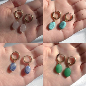 French style oval natural stone hoop earrings in pink, blue, and green finishes
