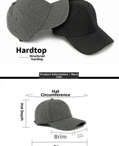 Detail view of wool baseball cap hardtop structure with precise size measurements