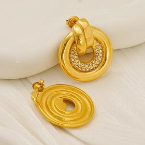 Polished gold stainless steel hoop earrings with double rings and crystal pavé setting
