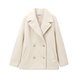 Minimalist off-white double-breasted wool coat with gold buttons and a wide lapel