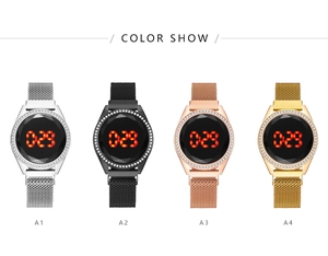 Detailed comparison of four LED watches with rhinestone bezels and magnetic mesh bands