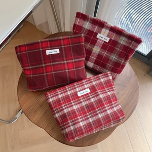 Trousse De Toilette Femme Carreaux Rouges Laine Sac De Maquillage Organisateur Voyage Pochette Main Quotidienne Fermeture