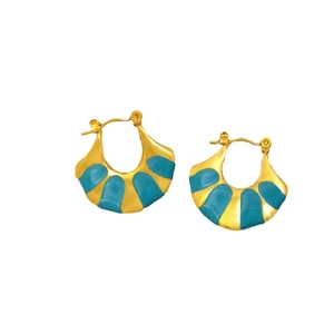 Gold plated fan-shaped earrings with blue enamel finish on a clean white background