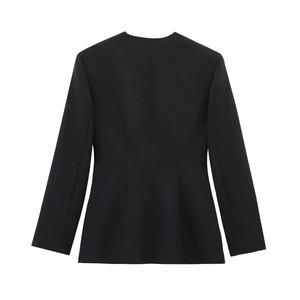 Rear view of a slim-fit black women blazer showing elegant waist-shaping tailoring