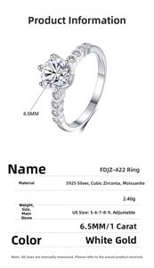 Detailed view of 1ct moissanite ring with S925 silver stamp and product specifications