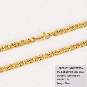 Detail of 18k gold plated titanium steel cuban link chain with lobster clasp and specs