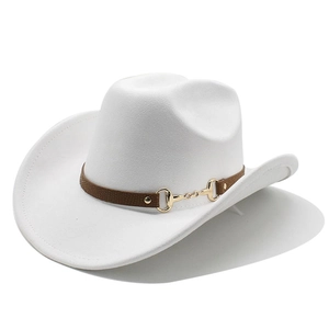 Macro shot of white felt cowboy hat with brown leather band and gold horsebit hardware