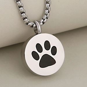 Stainless Steel Cremation Urn Pendant Necklace Round Openable Memorial Pet Paw Print Keepsake Jewelry For Ashes