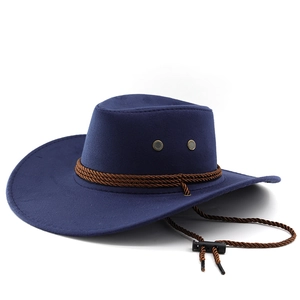 Navy blue wool fedora hat with brown braided rope and adjustable chin strap