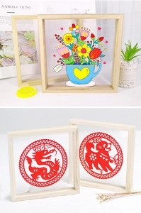 Modern wooden acrylic frame showcasing colorful floral art and traditional dragon cutouts