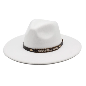 Elegant white wool fedora jazz hat with brown leather band and gold metal rivet accents