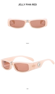 Front and side views of fashion square sunglasses in transparent jelly pink-red finish