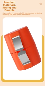 Detail view of durable orange PP plastic and stainless steel egg shell cutter components