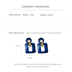 Detailed infographic showing blue acrylic square earrings with 5.6cm by 3.2cm dimensions