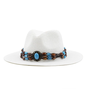 Chapeau de paille blanc avec perles turquoise pour protection solaire de plage