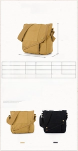 Detailed size specifications and multi-pocket layout of the canvas crossbody bag