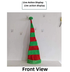 Detailed front view of a red and green striped velvet Christmas elf hat with a pom-pom