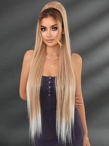 Detail view of 40-inch long straight blonde ponytail extension with ombre gradient