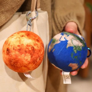 Detail of Earth and Mars plush keychains with CE safety certification labels