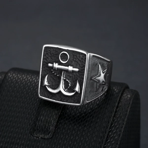 Retro stainless steel men's signet ring with nautical anchor and star embossed design