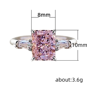 Fashionable ring with square pink zircon 10x8mm and side stones for women brides