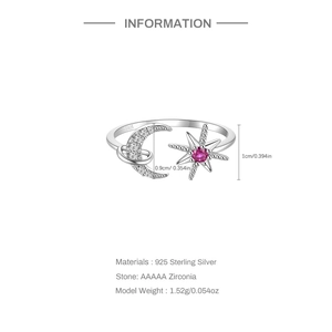 Detailed specs of S925 sterling silver star and moon ring with AAAAA pink zirconia