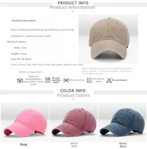 Detailed size chart for the washed cotton baseball cap with fabric and washing instructions