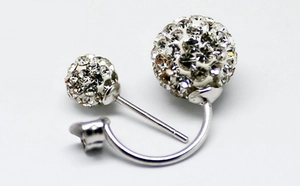 Detailed macro shot of silver S925 sterling silver crystal ball stud earrings on white background