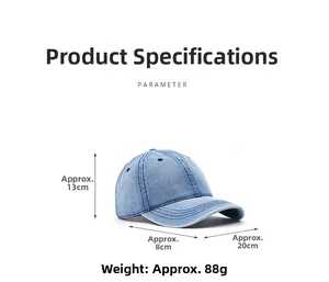 Detail view of washed denim baseball cap with dimensions, stitching and breathable vents
