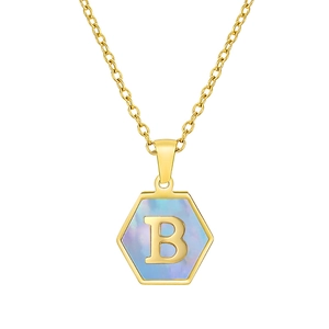 Gold hexagonal necklace with Mother of Pearl inlay and letter B pendant for women