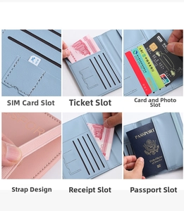 Detail view of pink PU leather passport holder showing RFID slots and elastic band