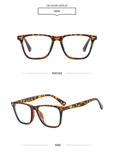Detail view of tortoiseshell square frames showing front and side views in demi color