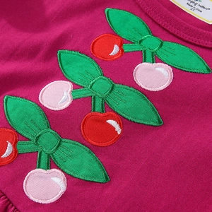 Girls short sleeve rose red cotton dress with vibrant cherry embroidery by Jumping Meters