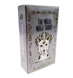 Side view of The Wild Wolf Tarot card box featuring wolf illustration by Briona Jolie Saas