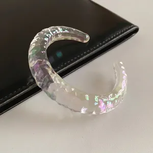 Irregular geometric iridescent resin open cuff bracelet with purple and green metallic luster