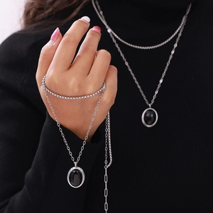 British retro silver jewelry set with double layer necklace and bracelet on model