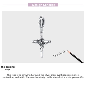 Detailed view of S925 sterling silver rose cross pendant with vintage engraved design