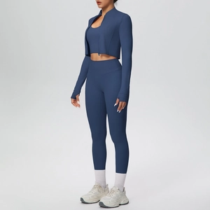 Completo yoga tre pezzi blu navy con giacca a zip, fori per pollici e leggings a vita alta