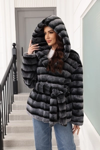 Detail of grey striped faux fur coat showing texture and matching waist belt