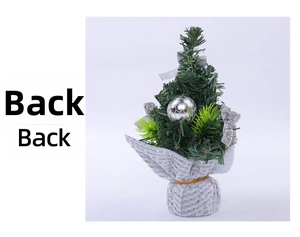 Back view of a mini Christmas tree with silver ornaments and a striped fabric base