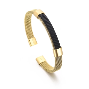 Men Stainless Steel Mesh Cuff Bracelet Open C-Shape Woven Titanium Steel Bangle With Black Cotton Rope Punk Jewelry