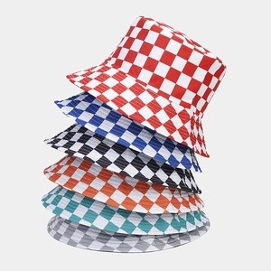 Vertical stack of checkered reversible bucket hats in six vibrant colors for summer