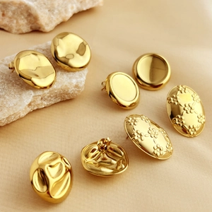 Stainless Steel Earrings Gold Plated Vintage Hammered Texture Flower Relief Geometric Stud Jewelry For Women