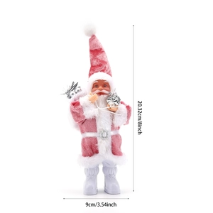 Detail showing height and width dimensions for the pink plush Santa Claus tabletop doll