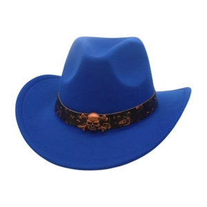 Kids Western Cowboy Hat Vintage Felt Wide Brim With Metal Skull Leather Band Punk Style Retro Fedora For Children